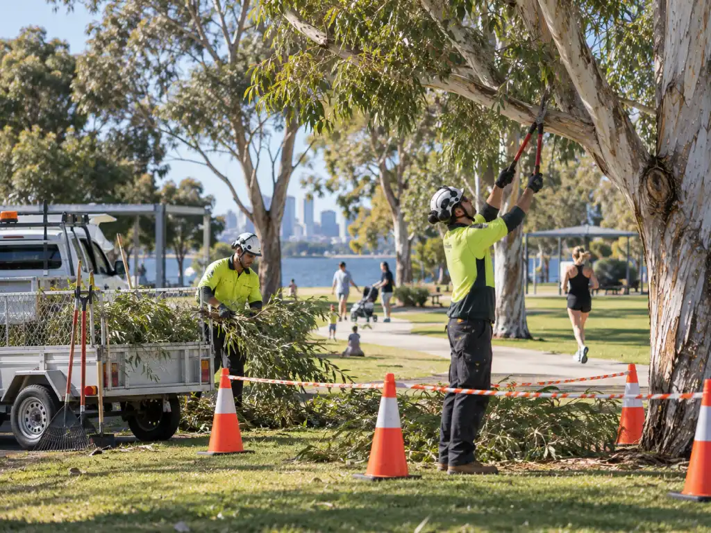 Qualified arborists carrying out routine maintenance on mature trees in a public park in Perth while maintaining a safe work area.
