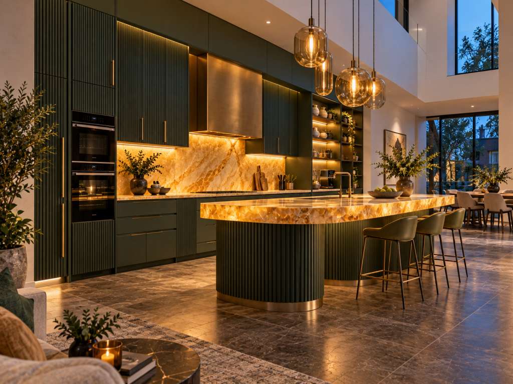 Luxury kitchen renovation in a Melbourne townhouse showcasing forest-green fluted cabinetry, honey-onyx benchtops, custom pantry storage and a sculptural central island.